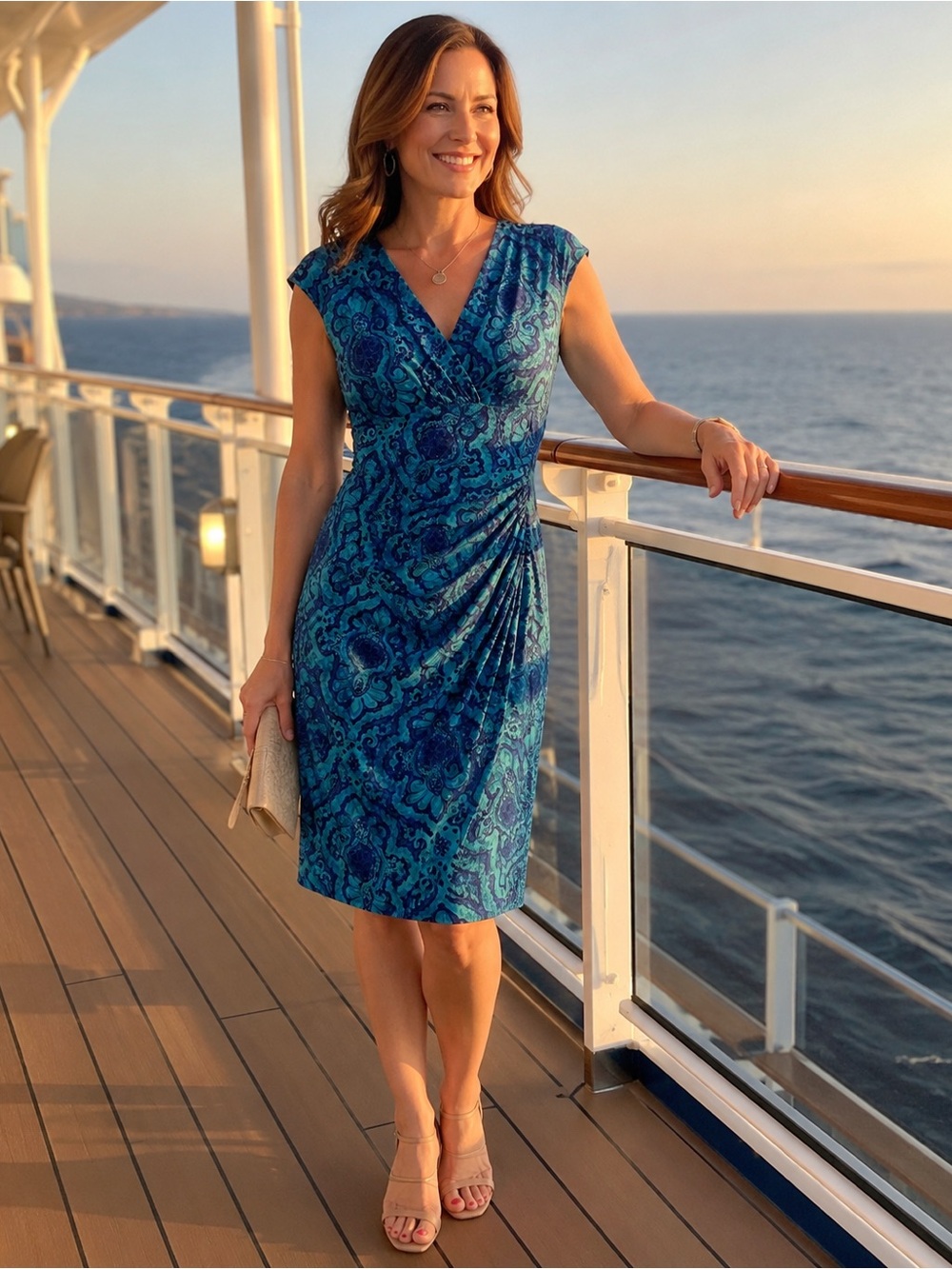Lauren Ralph Lauren Blue Paisley Ruched Stretch Sheath Dress Size 10 Cruise Chic